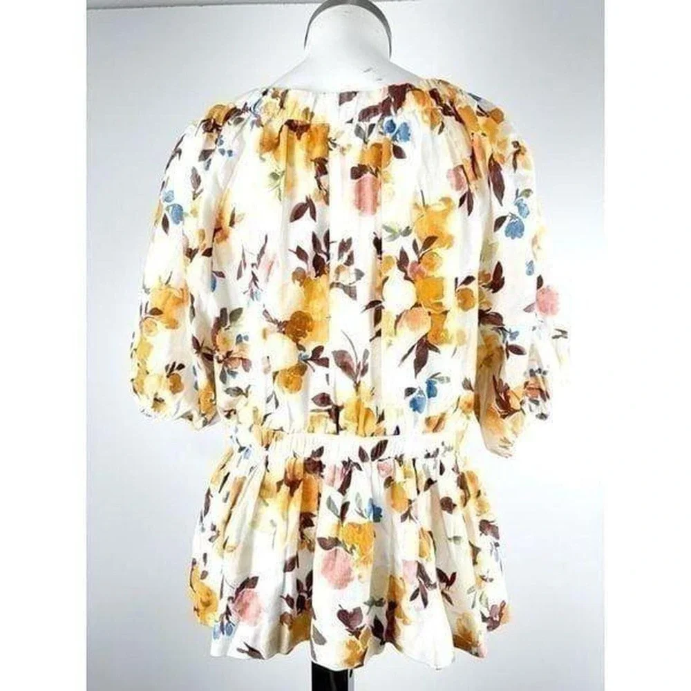 Abercrombie Fitch Sz L Top Floral Linen Blend Cottagecore Puff Sleeve Babydoll
